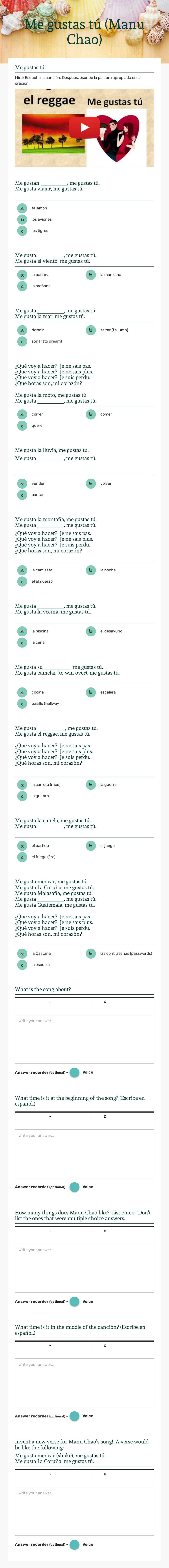 Me gustas tú           (Manu Chao) worksheet preview image
