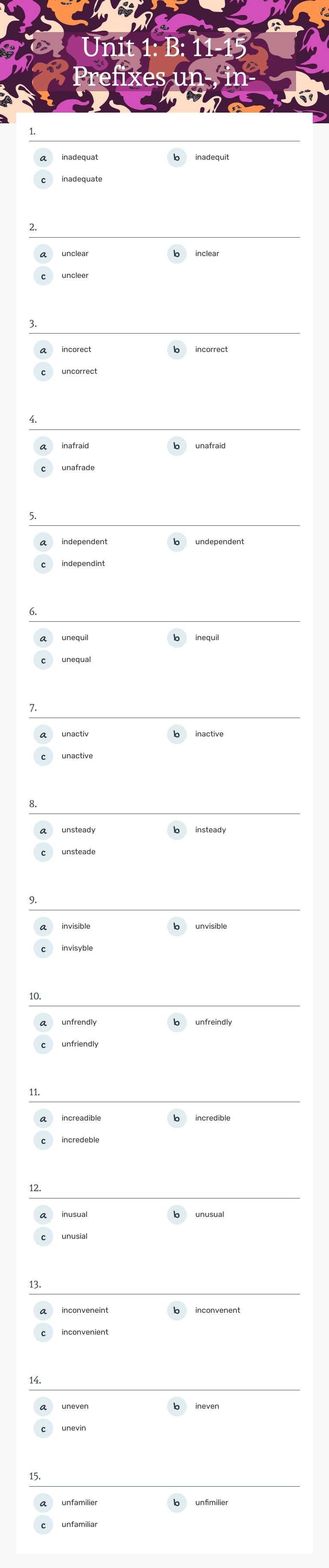Unit 1: B: 11-15 Prefixes un-, in- Grade 4 worksheet preview