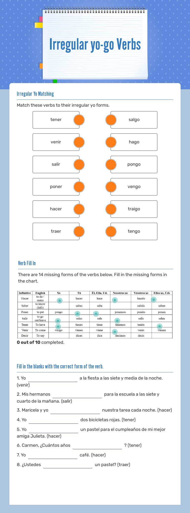 Irregular yo-go Verbs worksheet preview image