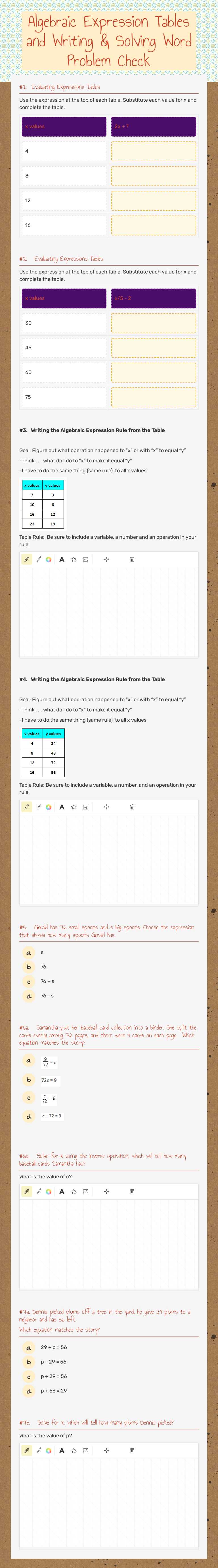 Algebraic Expression Tables and Writing & Solving Word Problem Check by ...