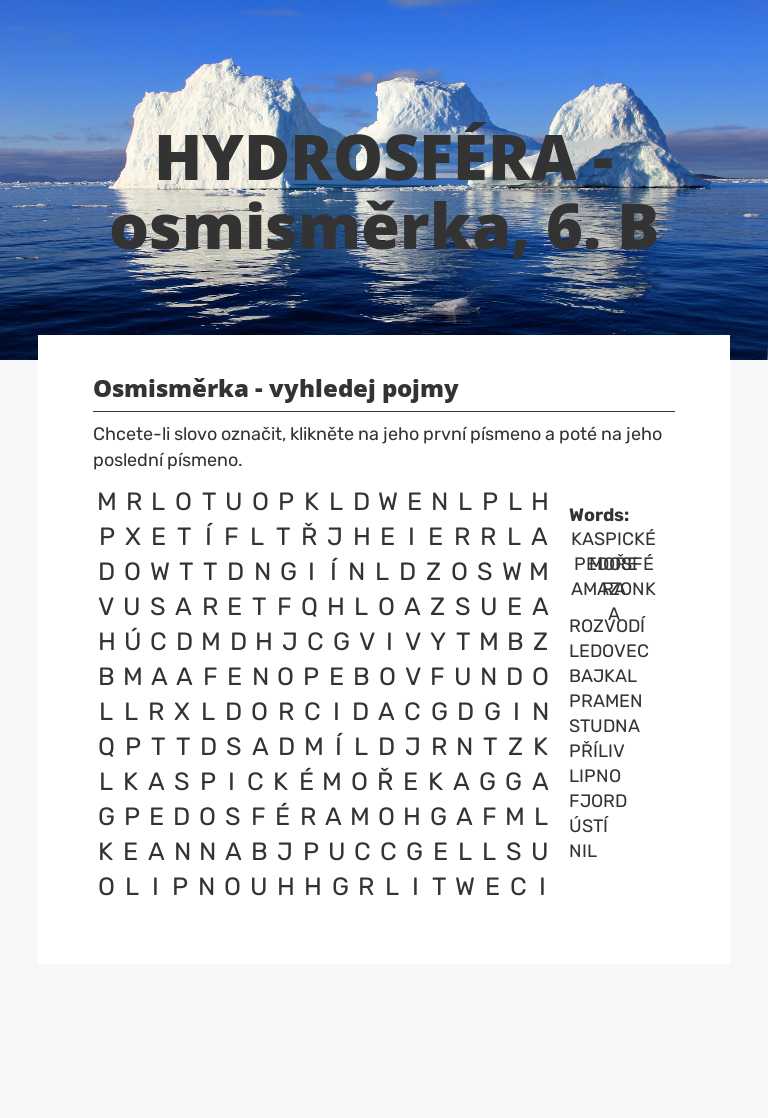 HYDROSFÉRA - osmisměrka, 6. B worksheet preview image