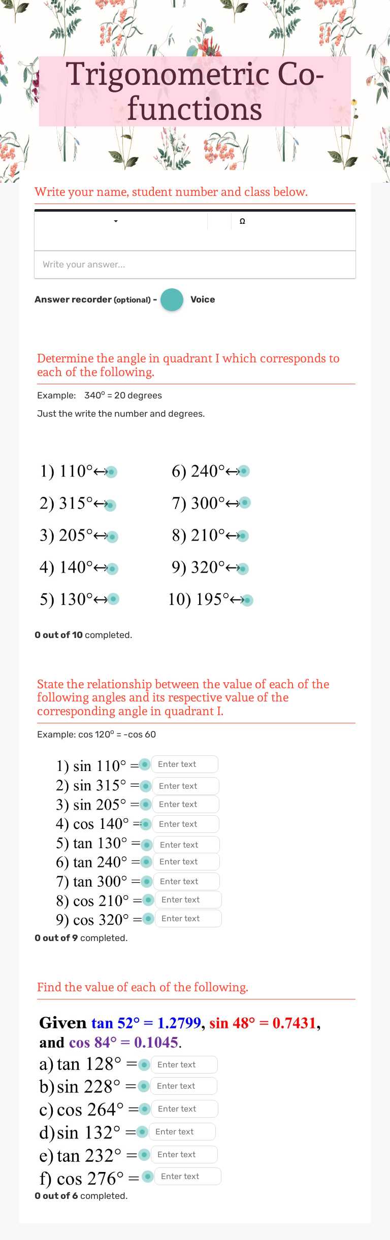 Trigonometric        Co-functions worksheet preview image