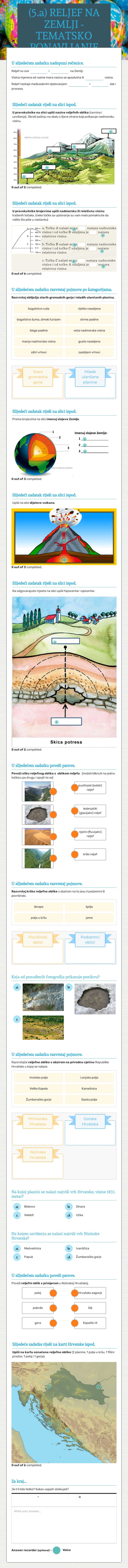 (5.a) RELJEF NA ZEMLJI - TEMATSKO PONAVLJANJE Grade 5 worksheet preview
