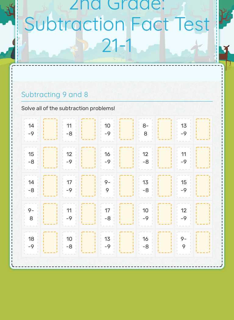 2nd Grade: Subtraction Fact Test 21-1 worksheet preview image