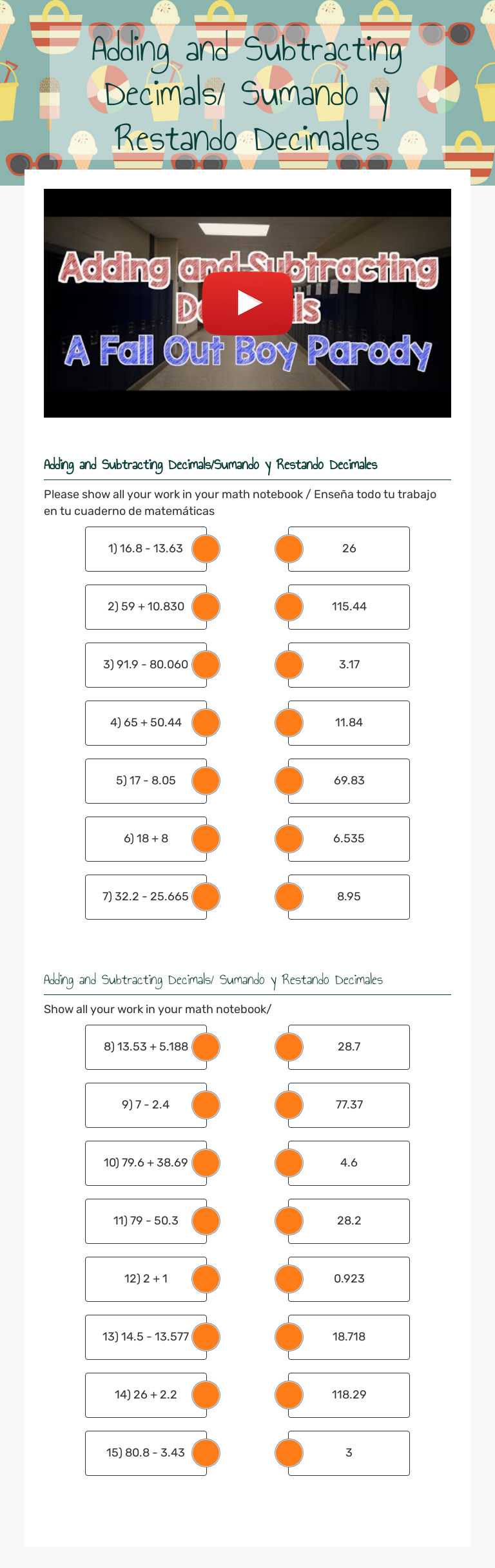 Adding and Subtracting Decimals/ Sumando y Restando Decimales worksheet preview image