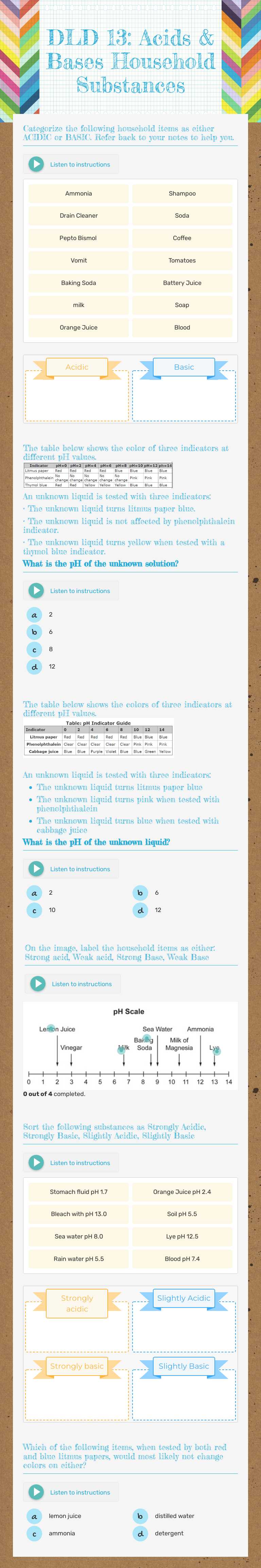 DLD 13: Acids & Bases Household Substances worksheet preview image
