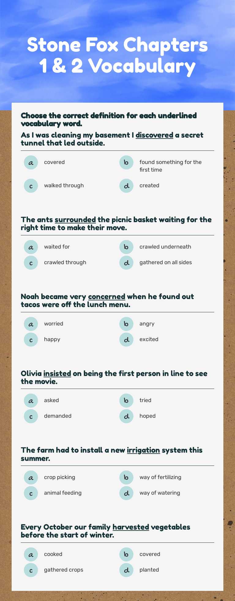 Stone Fox  Chapters 1 & 2 Vocabulary worksheet preview image