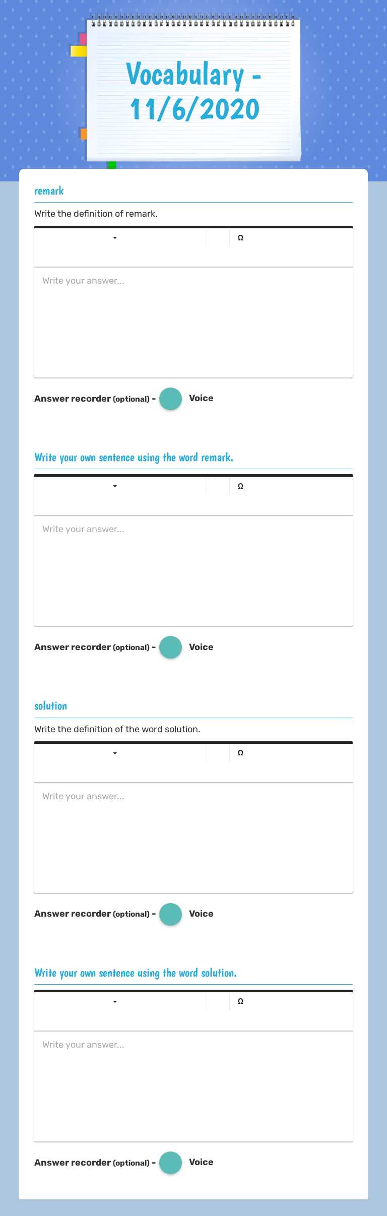 Vocabulary -           11/6/2020 worksheet preview image