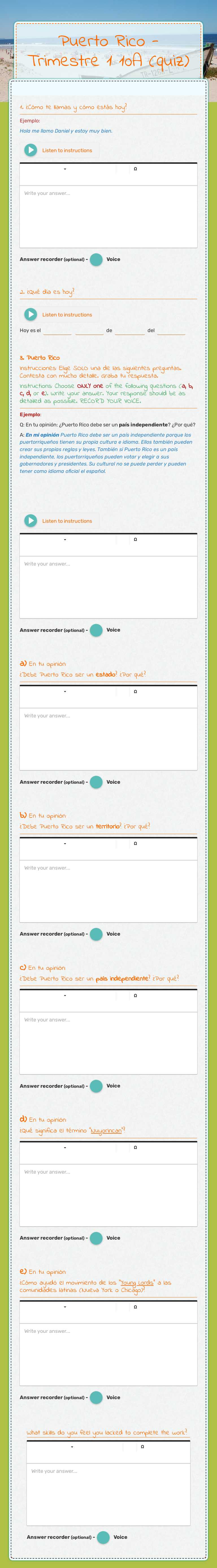 Puerto Rico - Trimestre 1 10A (quiz) worksheet preview image