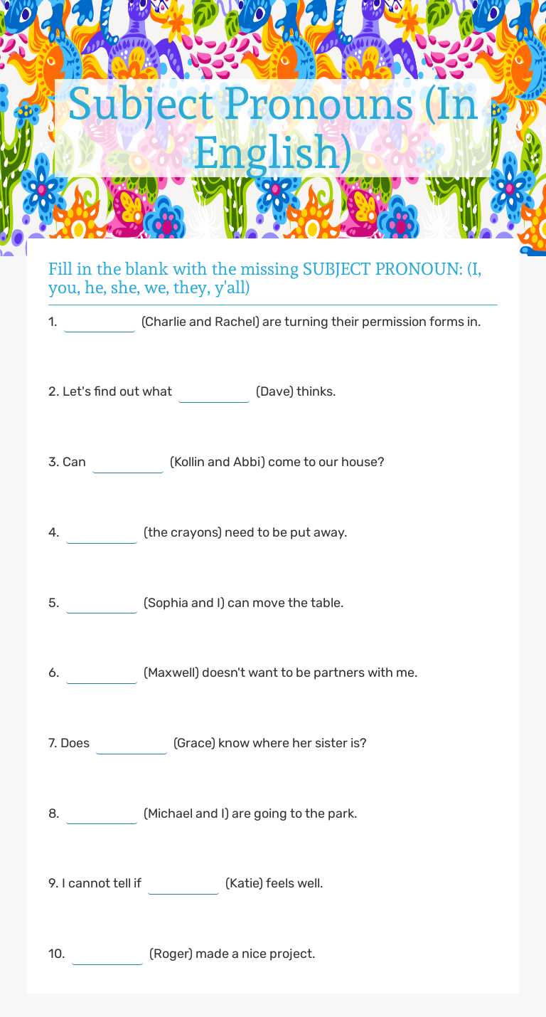 Subject Pronouns (In English) worksheet preview image