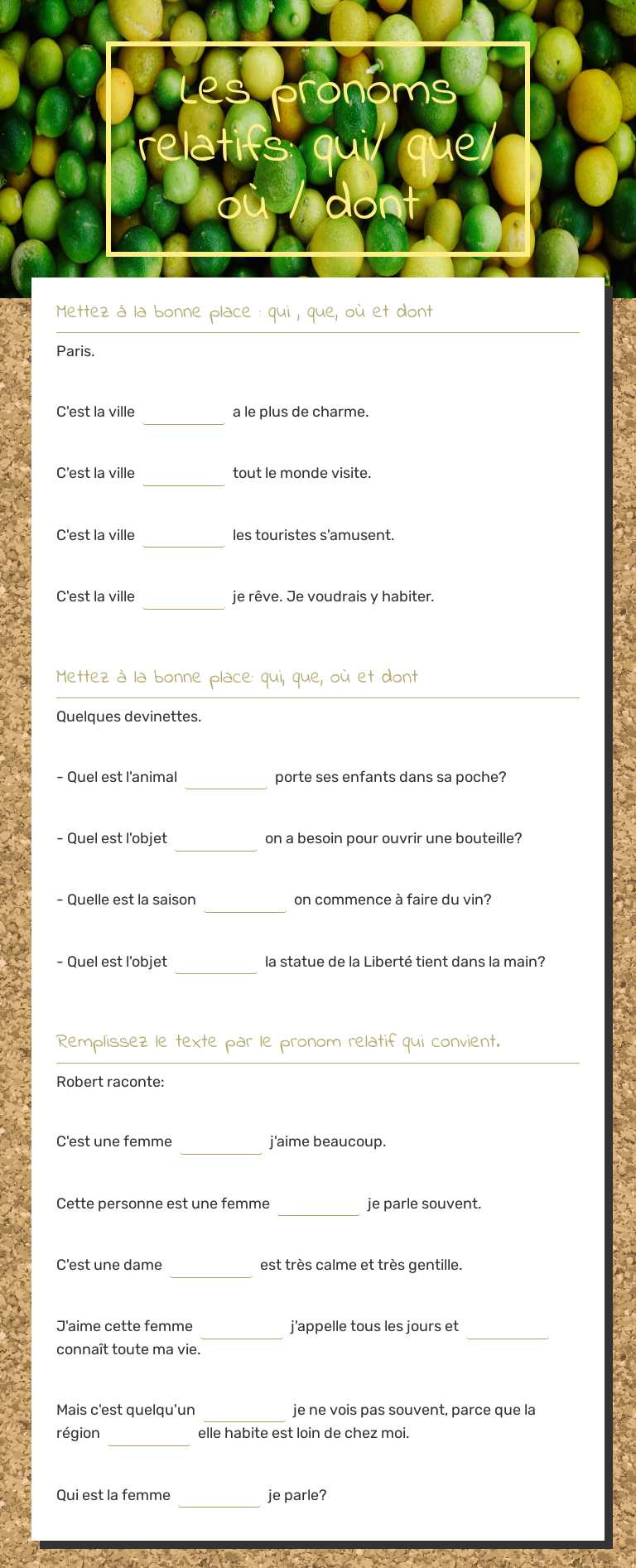 Les pronoms relatifs: 
qui/ que/ où / dont worksheet preview image