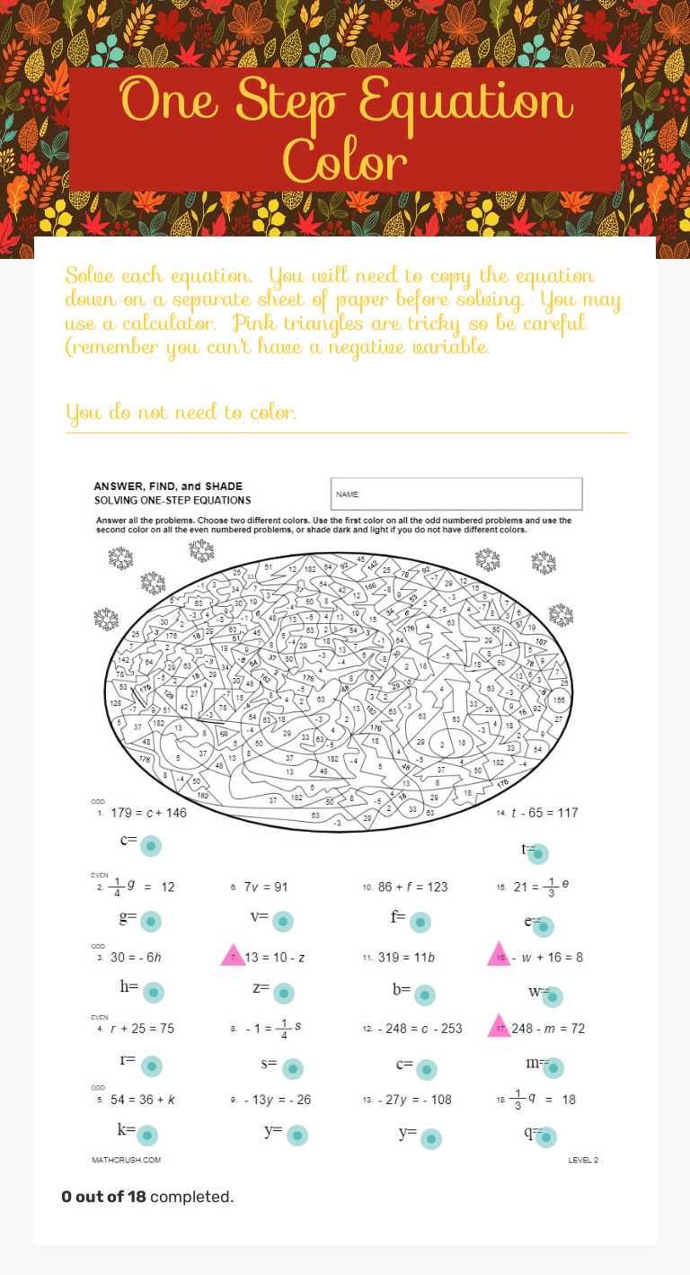 One Step Equation Color Grade 8 worksheet preview