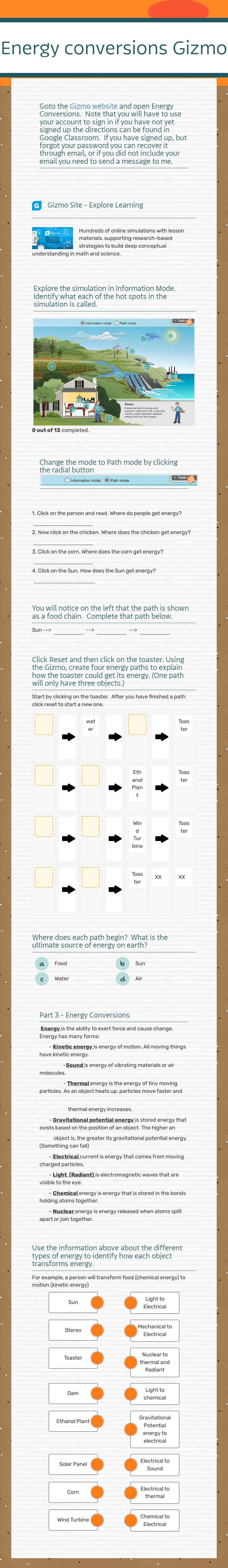 Energy conversions Gizmo Grade 9 worksheet preview