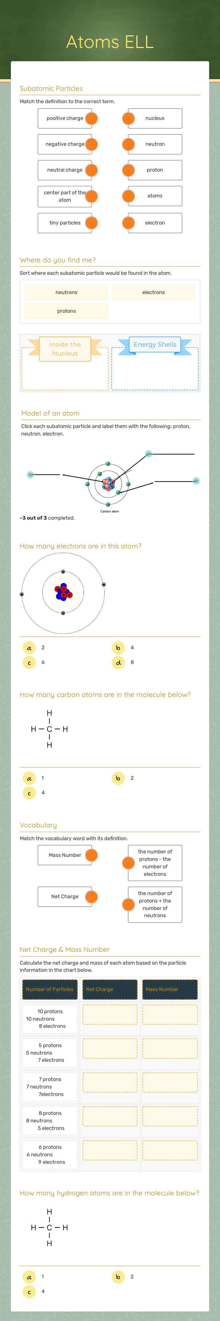 Atoms ELL worksheet preview image