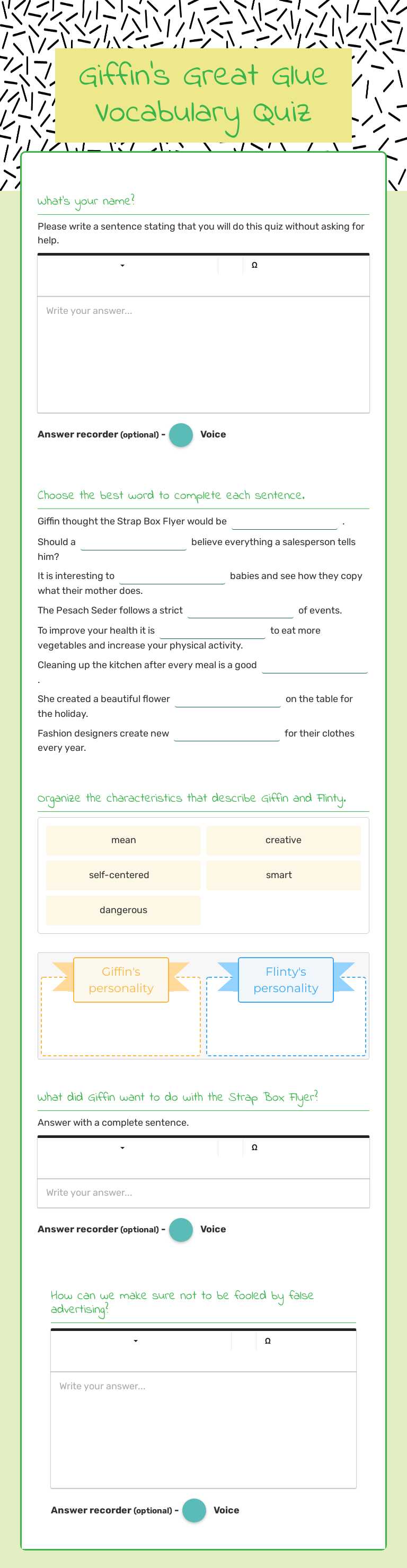 Giffin's Great Glue Vocabulary Quiz worksheet preview image