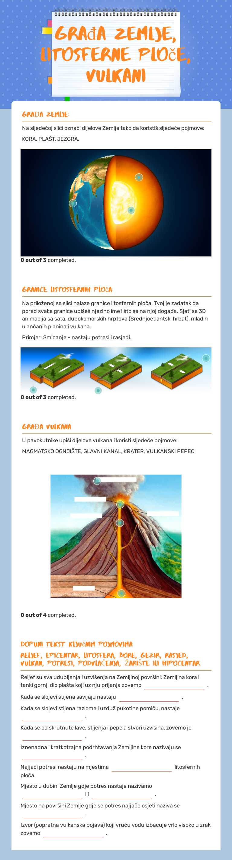 Građa Zemlje, litosferne ploče, vulkani worksheet preview image