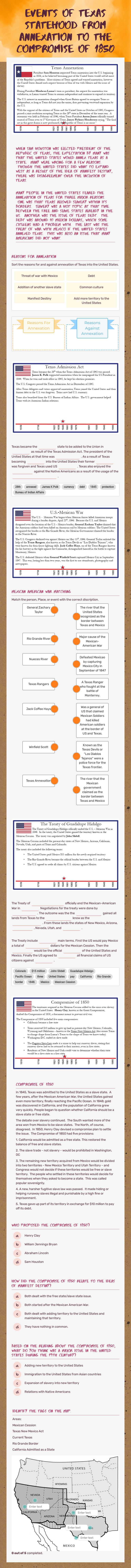 Events of Texas Statehood From Annexation to the Compromise of 1850 Grade 7 worksheet preview
