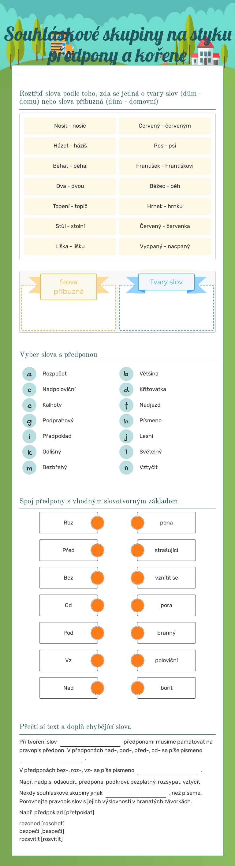Souhláskové skupiny na styku předpony a kořene Grade 5 worksheet preview