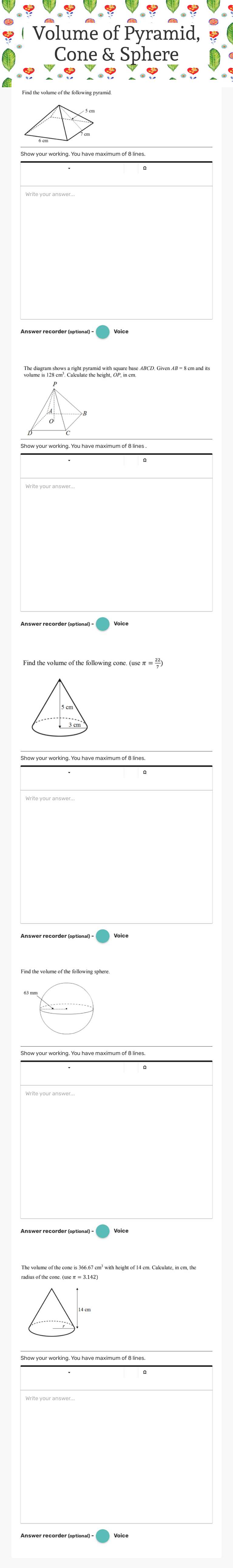 Volume of Pyramid, Cone & Sphere worksheet preview image