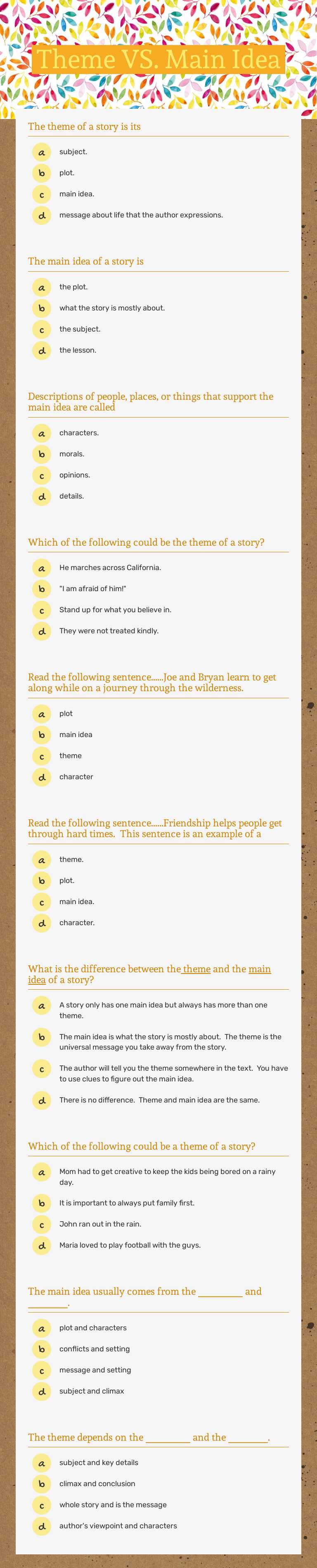 Theme VS. 
Main Idea Grade 5 worksheet preview