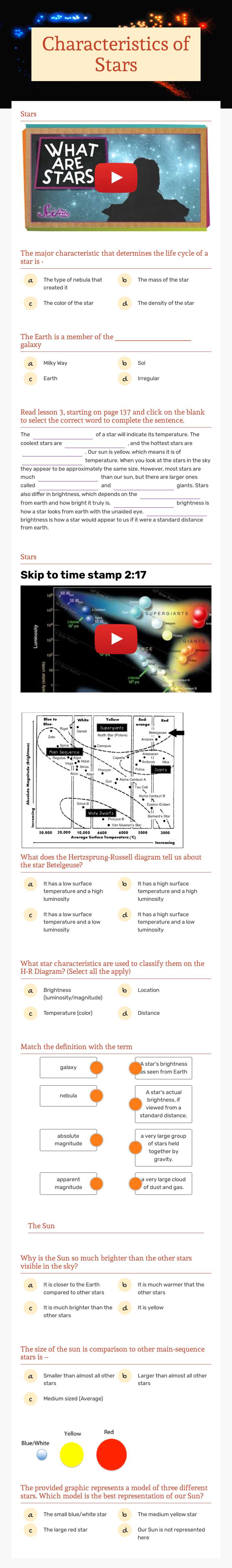 Characteristics of Stars worksheet preview image