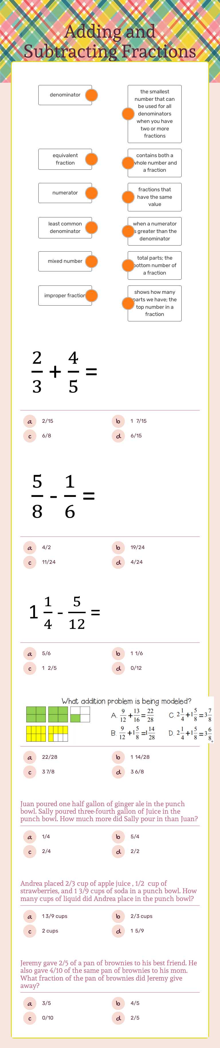 Adding and Subtracting Fractions worksheet preview image