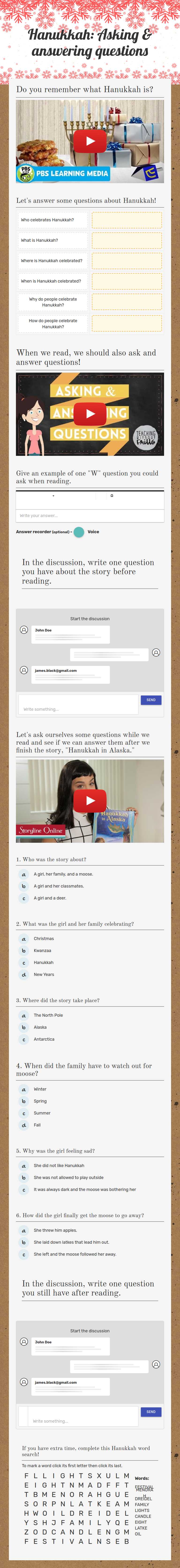 Hanukkah:                             
   Asking & answering questions worksheet preview image