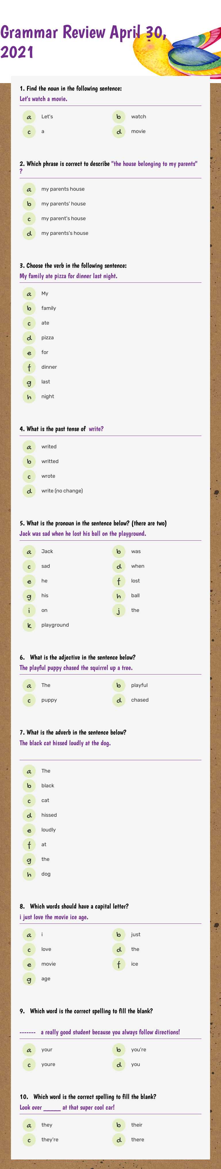 Grammar Review               
 April 30, 2021 worksheet preview