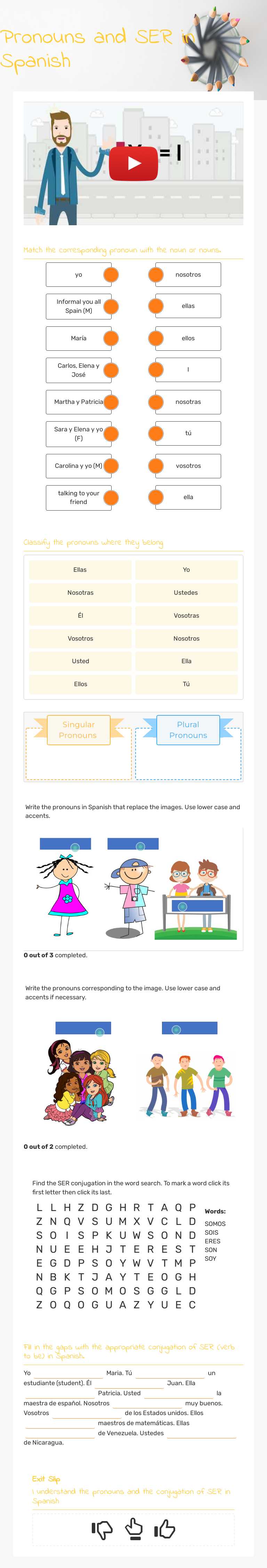Pronouns and SER in Spanish worksheet preview image