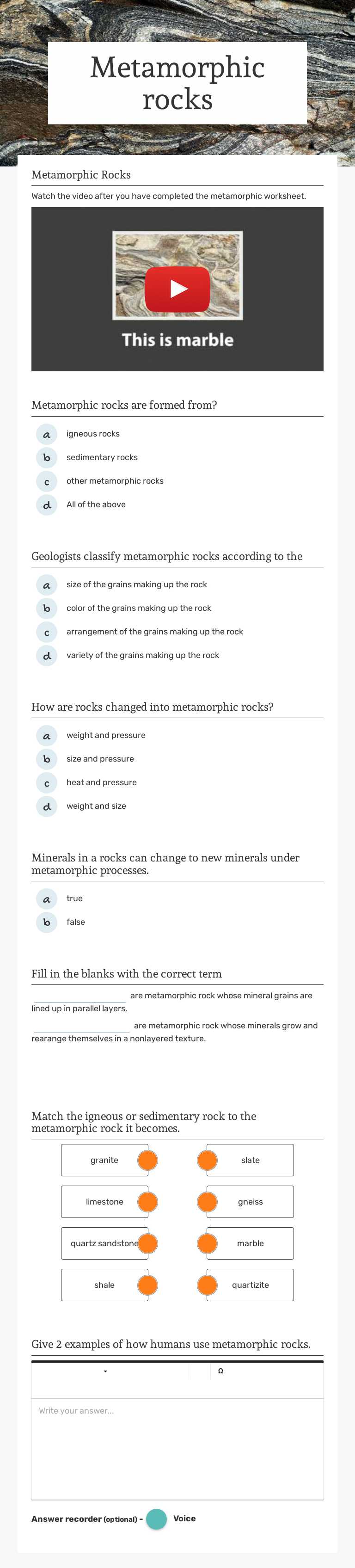 Metamorphic rocks worksheet preview image