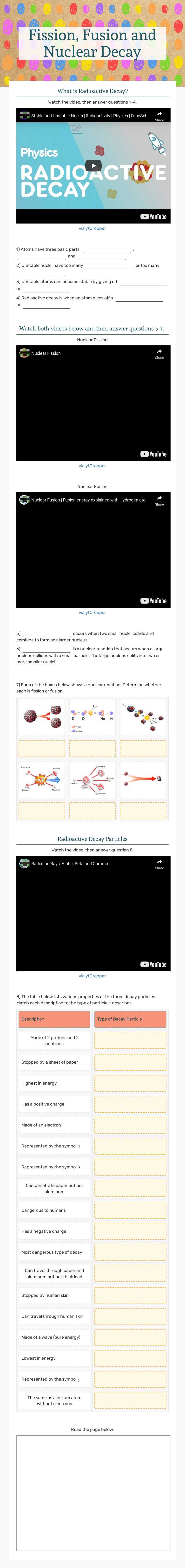 Fission, Fusion and Nuclear Decay Grade 8 worksheet preview