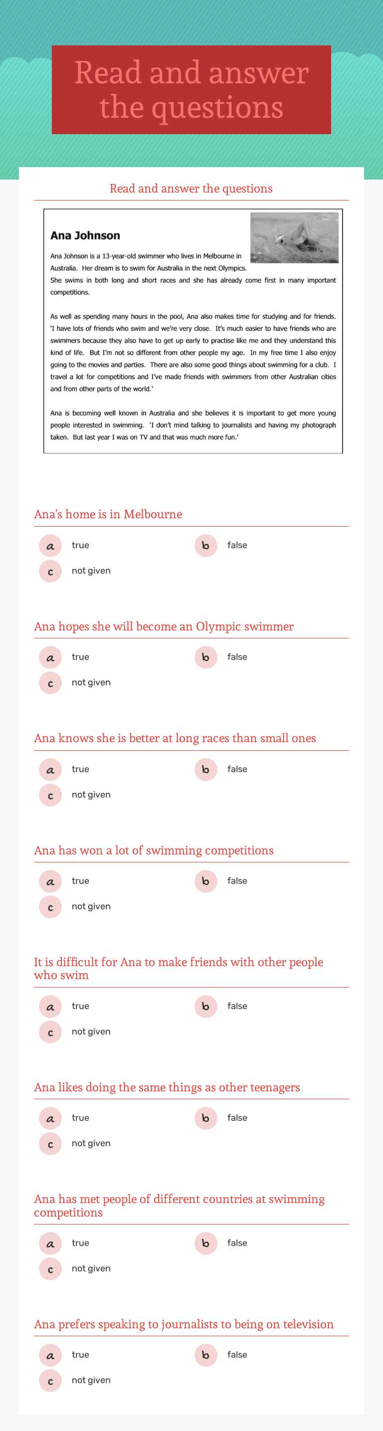 Read and answer the questions worksheet preview image