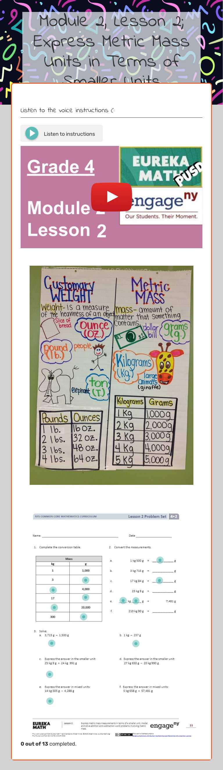 Module 2, Lesson 2; Express Metric Mass Units in Terms of Smaller Units Grade 4 worksheet preview