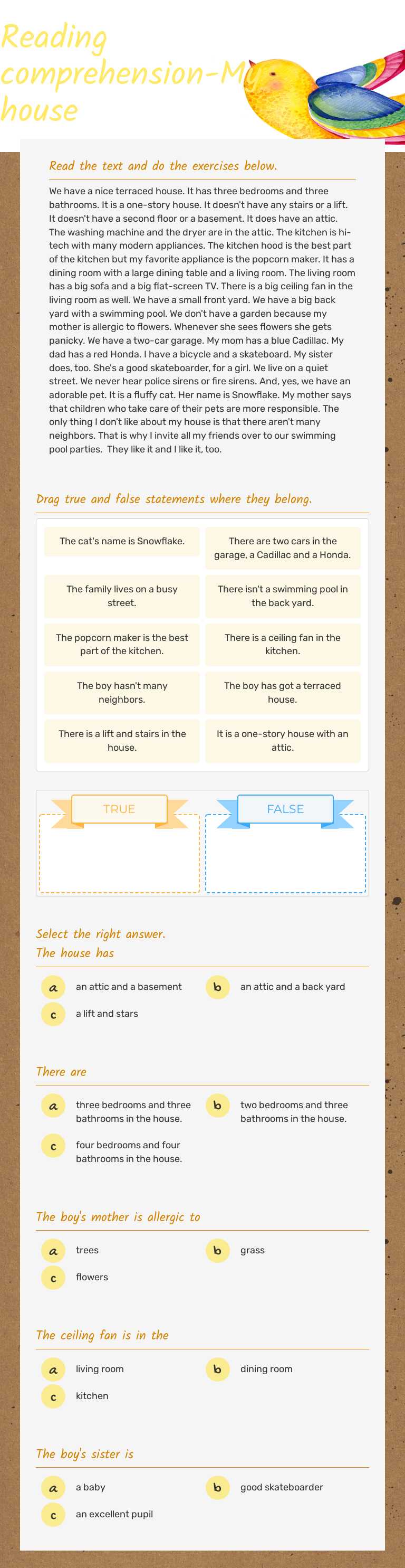 Reading comprehension-My house Grade 6 worksheet preview