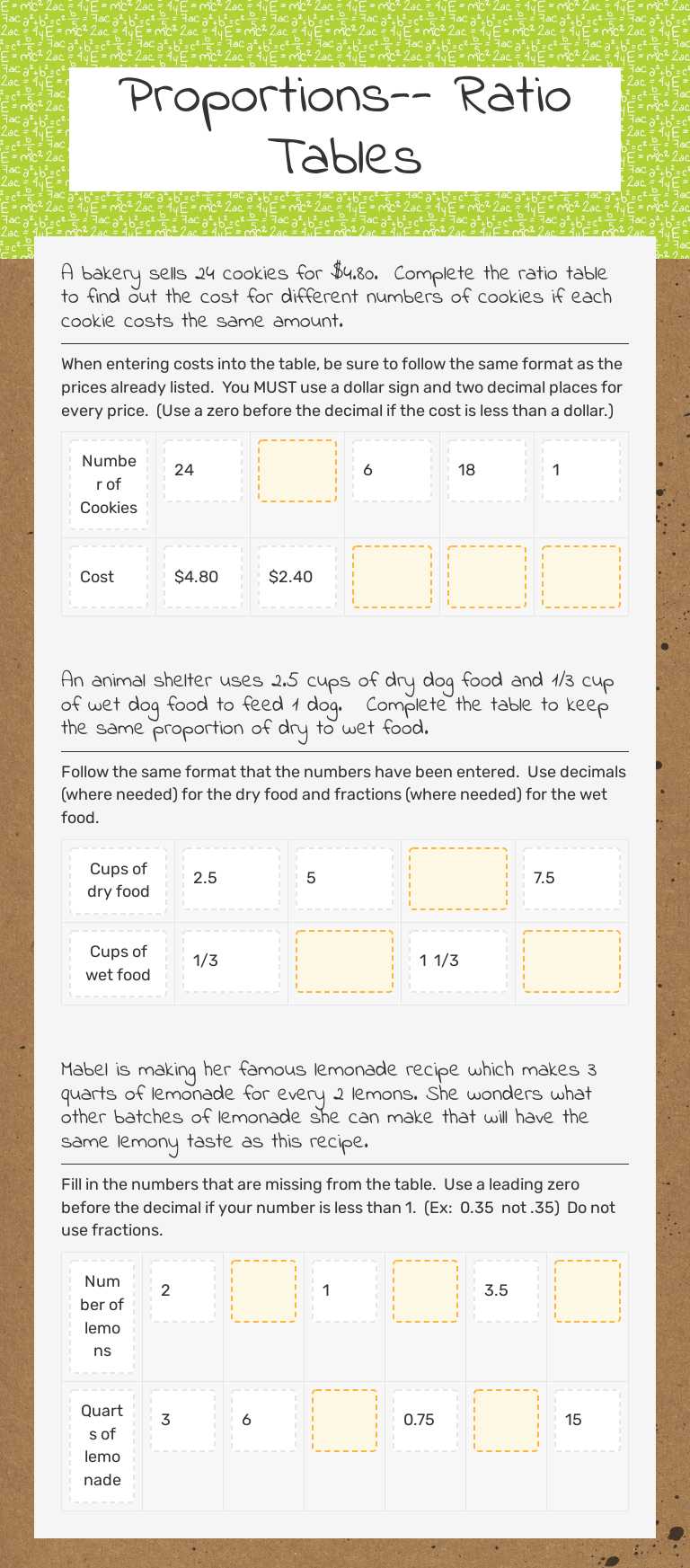 Proportions-- Ratio Tables worksheet preview image