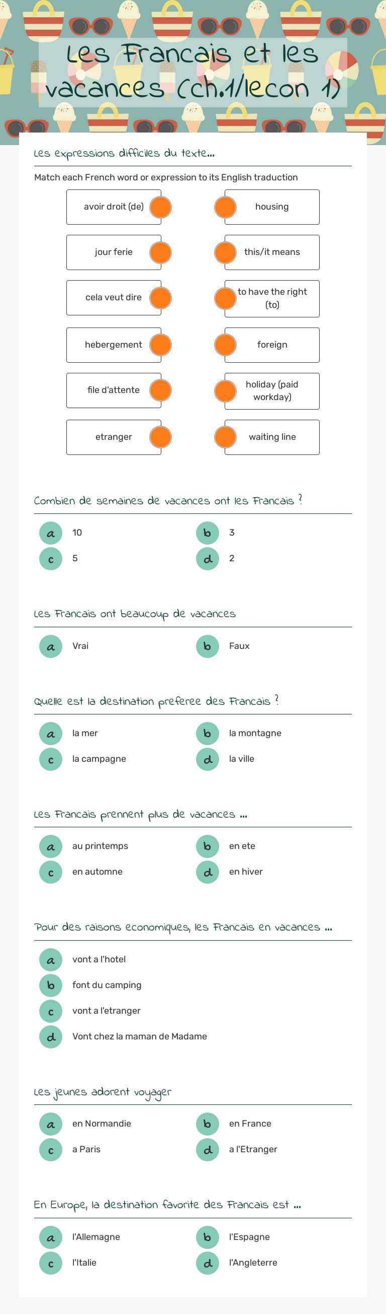 Les Francais et les vacances (ch.1/lecon 1) worksheet preview image