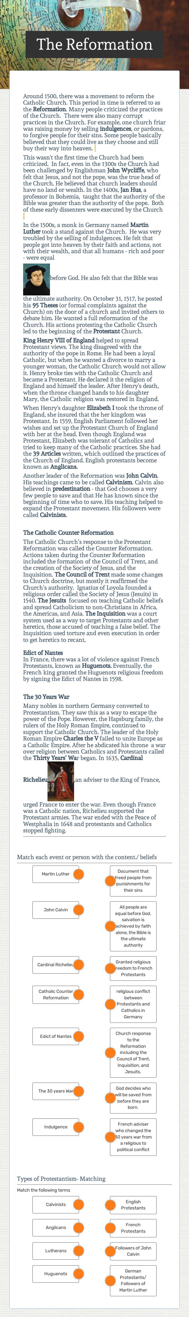 The Reformation worksheet preview image