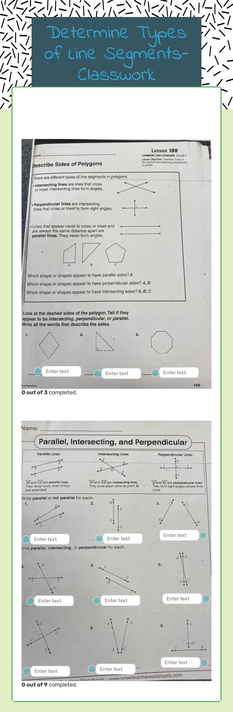 Determine Types of Line Segments- Classwork worksheet preview