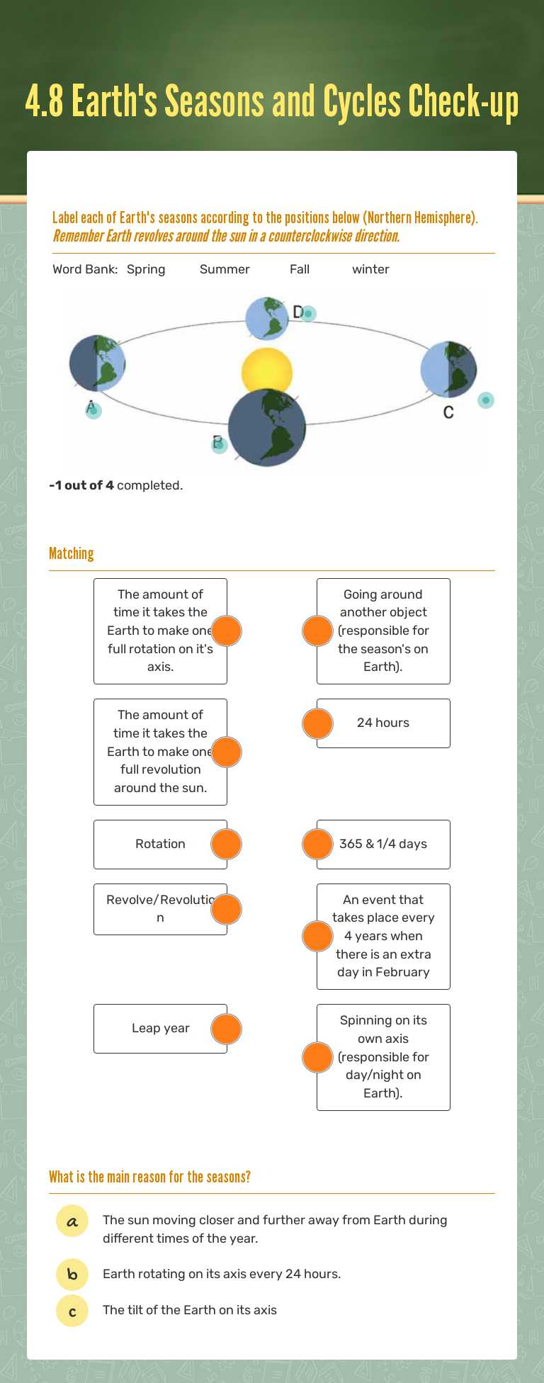 4.8 Earth's Seasons and Cycles Check-up worksheet preview image