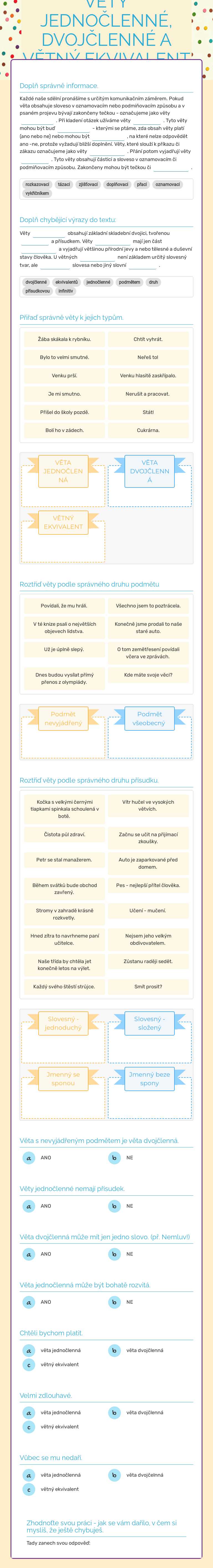 VĚTY JEDNOČLENNÉ, DVOJČLENNÉ A VĚTNÝ EKVIVALENT + podmět a přísudek worksheet preview image