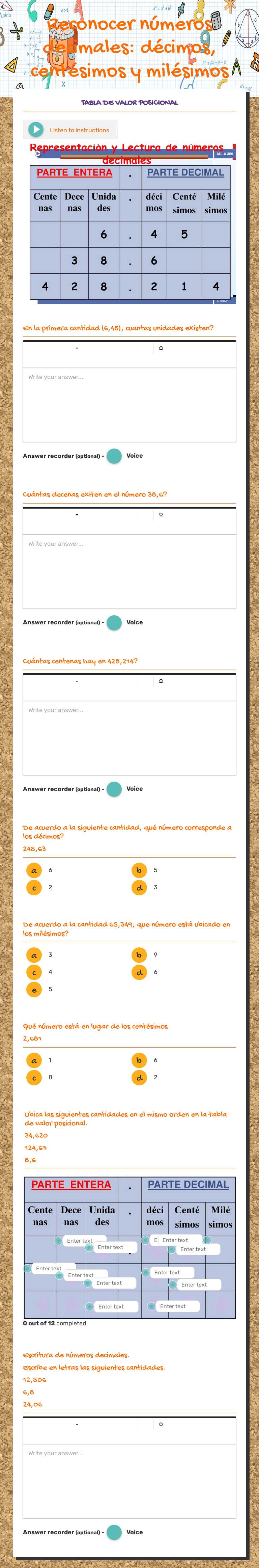 Reconocer números decimales: décimos, centésimos y milésimos worksheet preview image