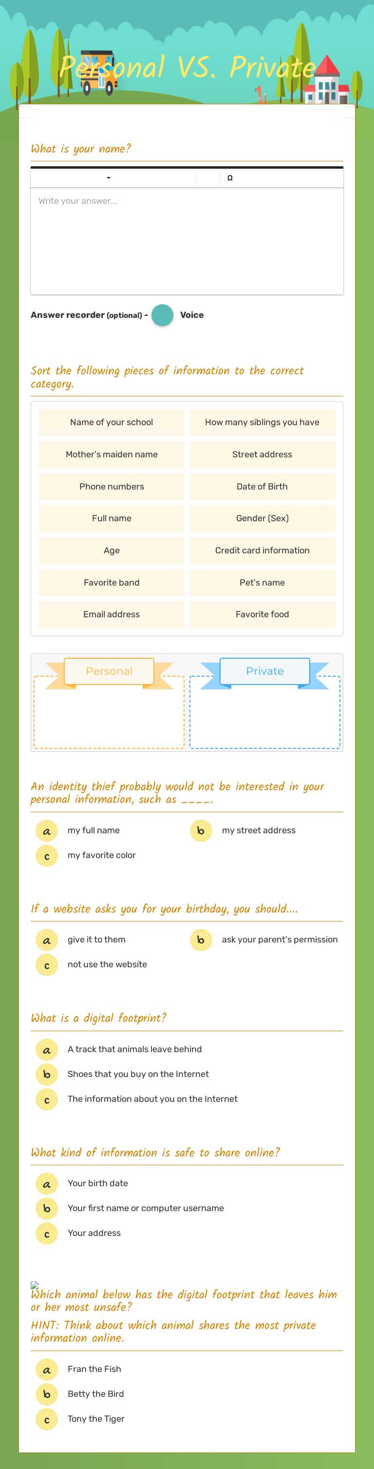 Personal VS. Private worksheet preview