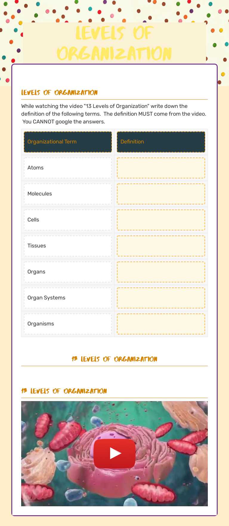 Levels of Organization Grade 7 worksheet preview
