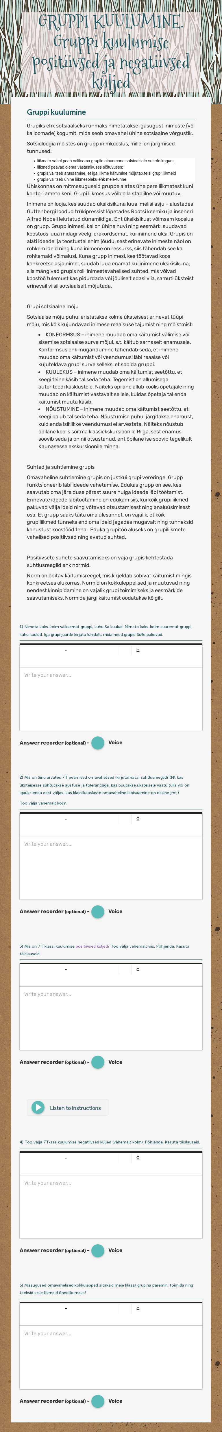 GRUPPI KUULUMINE. Gruppi kuulumise positiivsed ja negatiivsed küljed worksheet preview image