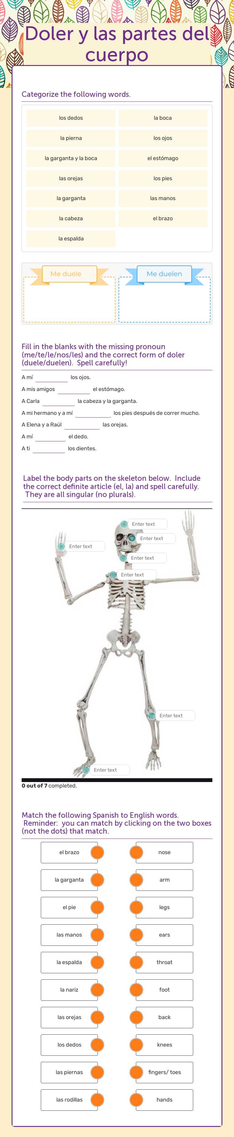 Doler y las partes del cuerpo worksheet preview image
