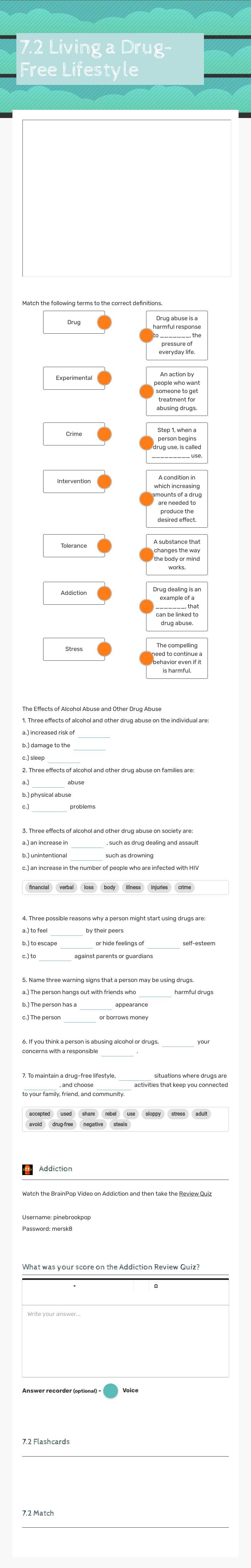 7.2 Living a Drug-Free Lifestyle Grade 6 worksheet preview