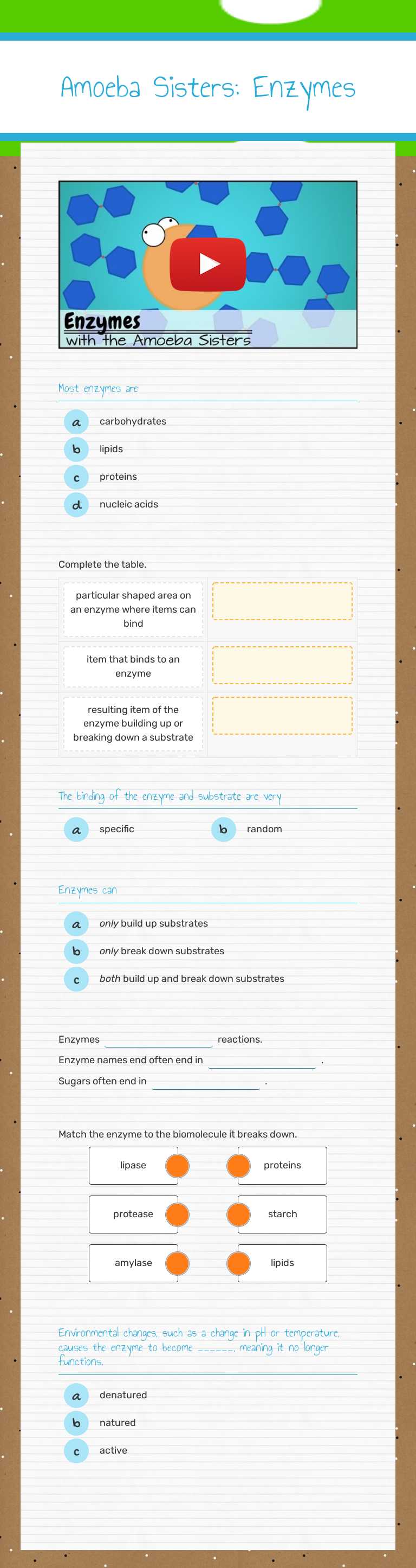Amoeba Sisters: Enzymes worksheet preview image