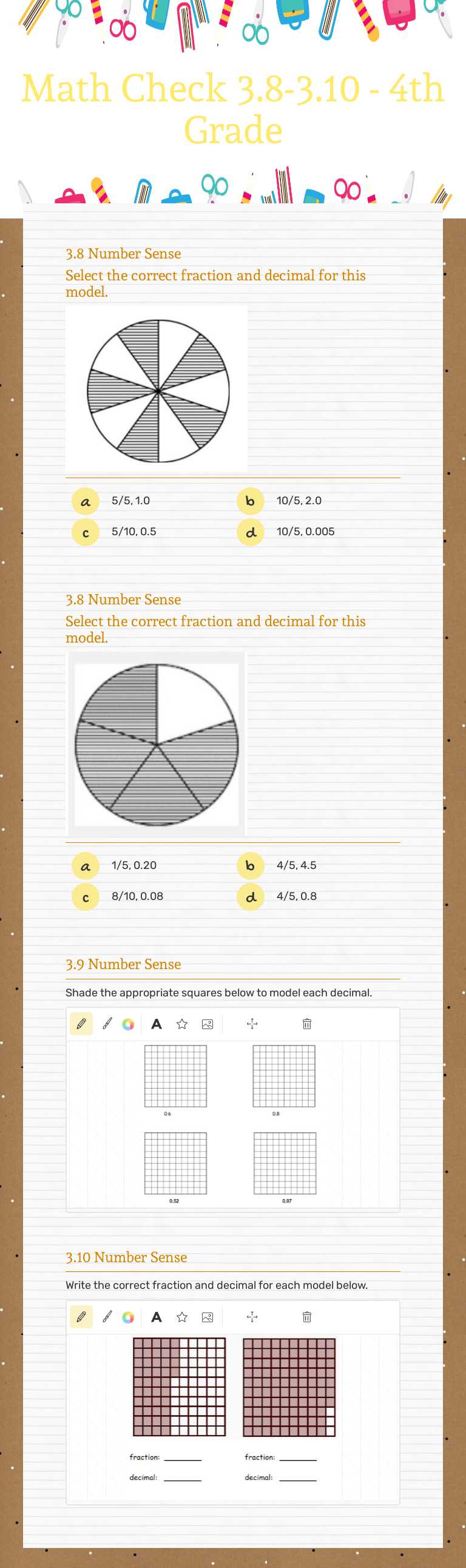 Math Check 3.8-3.10 - 4th Grade worksheet preview image