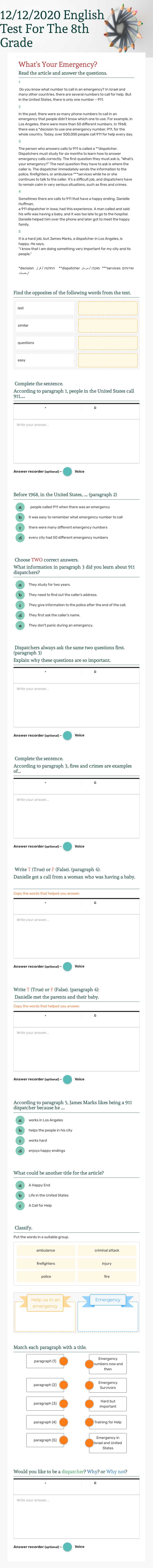 12/12/2020           English Test For The   8th Grade worksheet preview image