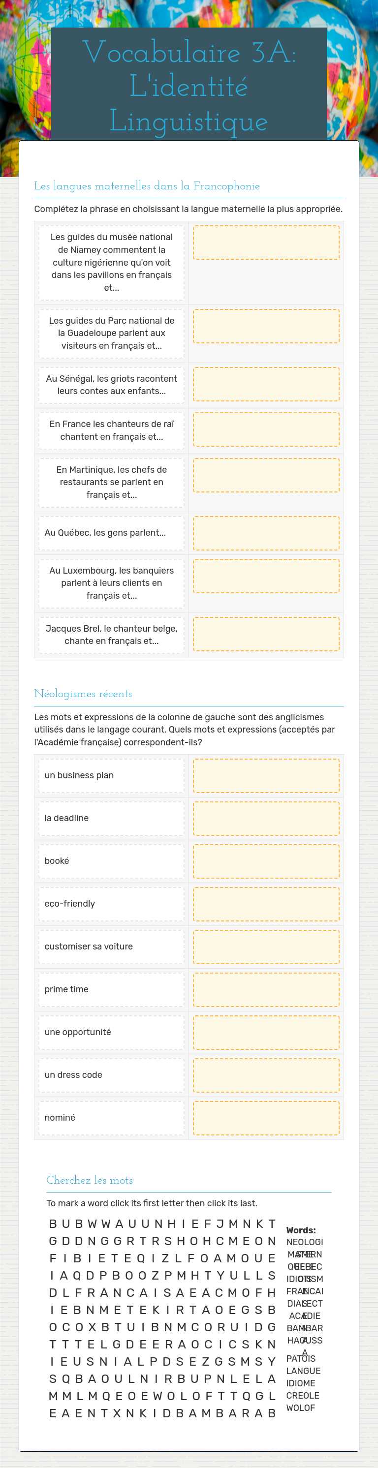 Vocabulaire 3A: L'identité Linguistique worksheet preview image